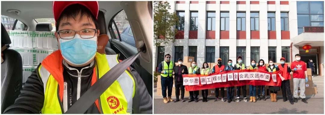 左圖：10輛轎車后座和后備箱堆滿了菜，出發送給社區；右圖：各位志愿者協助接收消毒防護物資